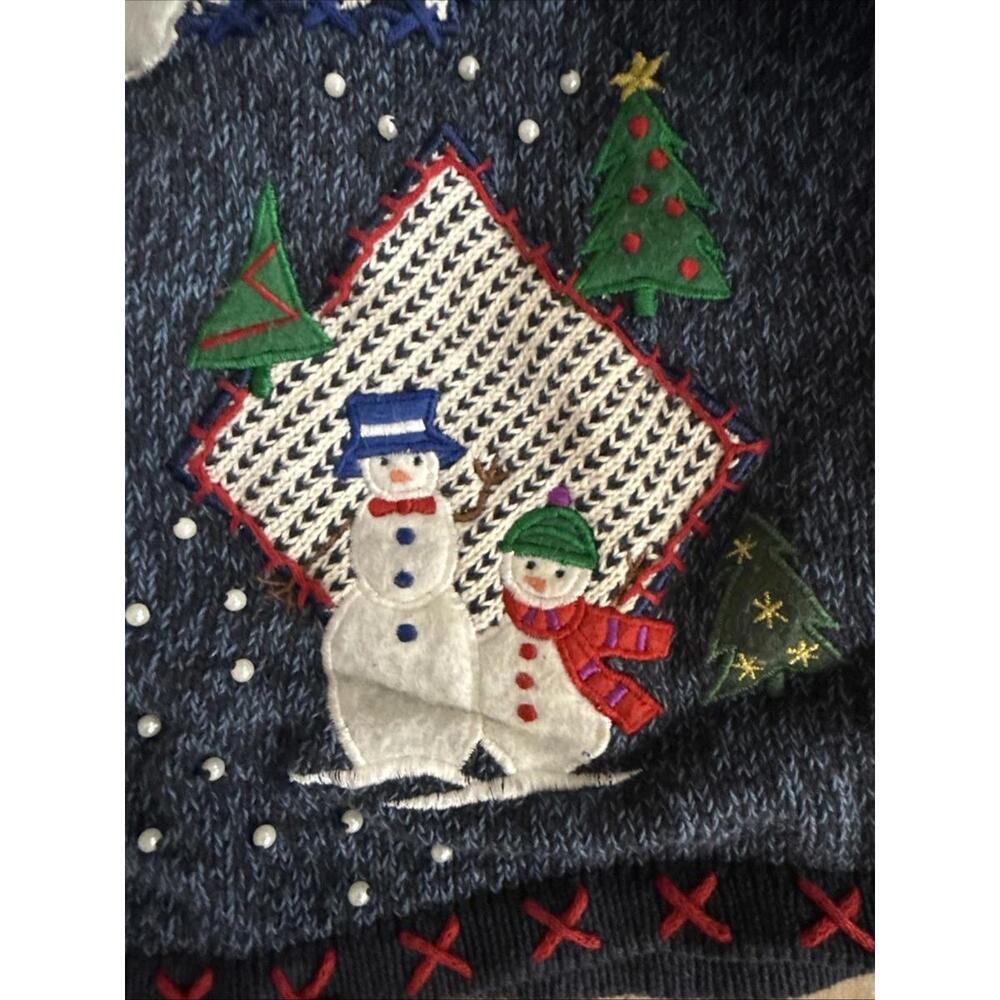 VTG Christmas Sweater Cardigan Sz M Erika Snowman Snowflakes Embroidered Pearls - Picture 8 of 12